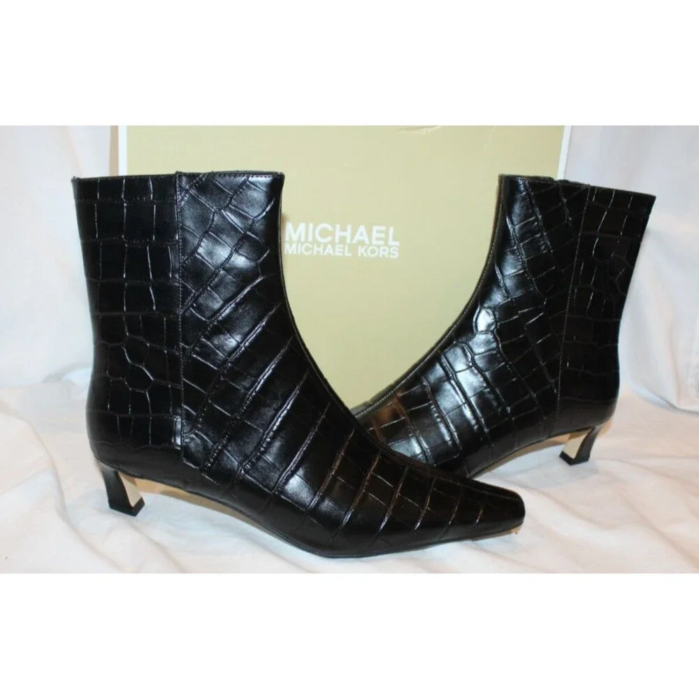 Michael Kors $175 Cosmo Croc-Embossed Bootie Kitten Heels Boots Black NIB 7